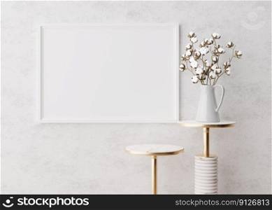 Empty horizontal picture frame on white wall. Mock up interior in minimalist, contemporary style. Free, copy space for your picture, poster. Marble tables, cotton plant. 3D rendering. Empty horizontal picture frame on white wall. Mock up interior in minimalist, contemporary style. Free, copy space for your picture, poster. Marble tables, cotton plant. 3D rendering.