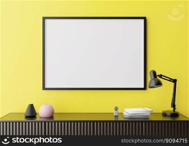Empty horizontal picture frame on yellow wall in modern living room. Mock up interior in minimalist, contemporary style. Free space for your picture. Console, l&. 3D rendering. Close up view. Empty horizontal picture frame on yellow wall in modern living room. Mock up interior in minimalist, contemporary style. Free space for your picture, poster. Console, l&. 3D rendering. Close up view
