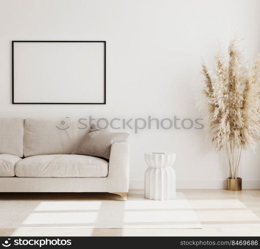 Empty horizontal poster frame mock up in modern living room interior background in biege colours, sofa with coffee table and dried flowers on wooden floor, scandinavian style, 3d rendering