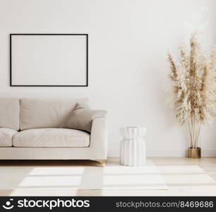 Empty horizontal poster frame mock up in modern living room interior background in biege colours, sofa with coffee table and dried flowers on wooden floor, scandinavian style, 3d rendering