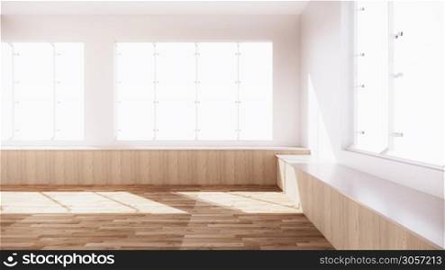 Empty house hall with counter floor 2 steps White room with wooden floor in tropical style.3D rendering