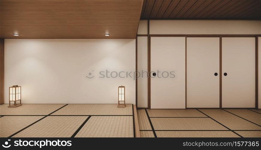 Empty house hall with tatami floor 2 steps White room tropical style.3D rendering