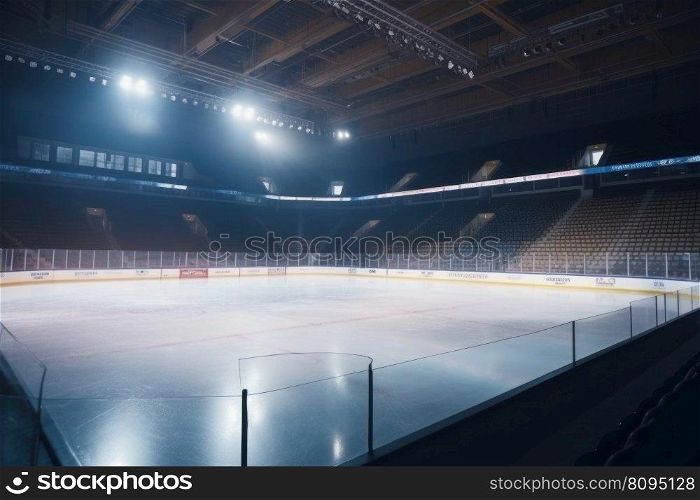 Empty ice hockey stadium. Goal team. Generate Ai. Empty ice hockey stadium. Generate Ai