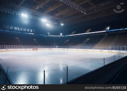 Empty ice hockey stadium. Goal team. Generate Ai. Empty ice hockey stadium. Generate Ai