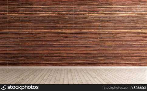 Empty interior background, brown wood paneling wall and hardwood flooring 3d rendering