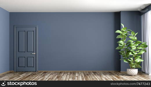 Empty interior background, living room with blue wall, vase with plant, window and door 3d rendering