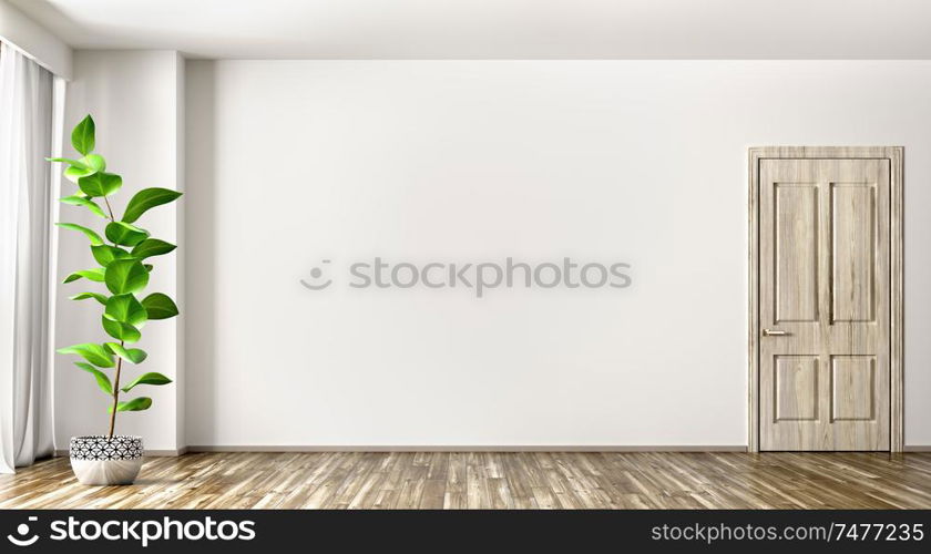 Empty interior background, living room with white wall, vase with plant, window and wooden door 3d rendering