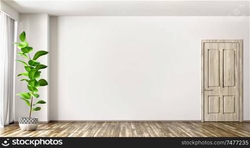 Empty interior background, living room with white wall, vase with plant, window and wooden door 3d rendering