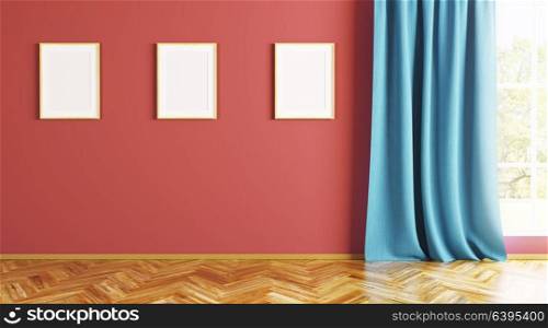Empty interior background of living room with three poster frames on wall 3d render