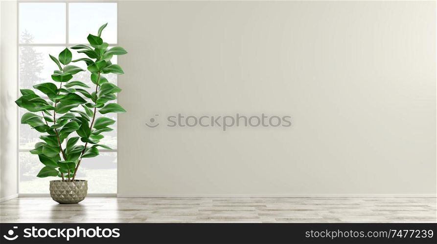 Empty interior background, room with beige wall and parquet floor, vase with green home plant against the window 3d rendering