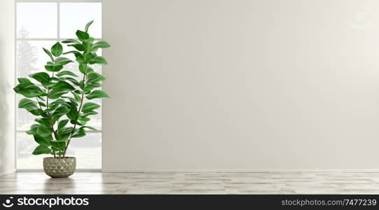 Empty interior background, room with beige wall and parquet floor, vase with green home plant against the window 3d rendering