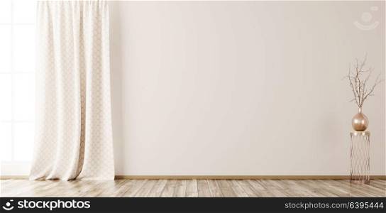 Empty interior background, room with beige wall, vase with branch and window 3d rendering