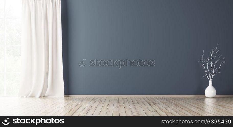 Empty interior background, room with blue wall, vase with branch and window 3d rendering