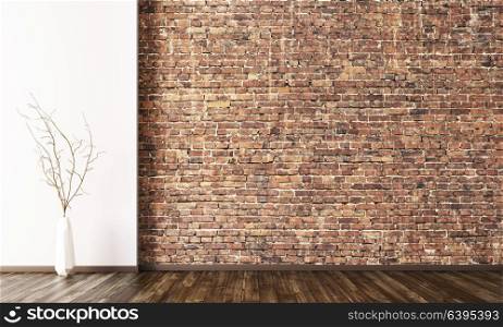 Empty interior background, room with brick wall and vase with branch on the wooden floor 3d rendering