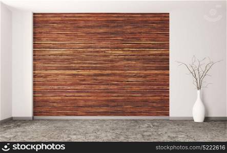 Empty interior background, room with brown wood paneling wall and concrete flooring, vase with branch 3d rendering