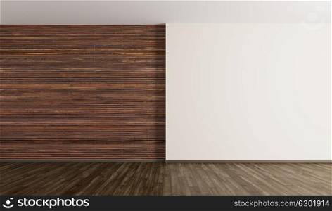 Empty interior background, room with brown wood paneling wall and hardwood flooring 3d rendering