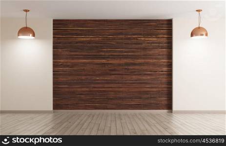 Empty interior background, room with brown wood paneling wall and hardwood flooring, two copper lamps 3d rendering