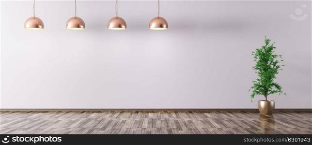 Empty interior background, room with copper metal lamps and plant 3d rendering