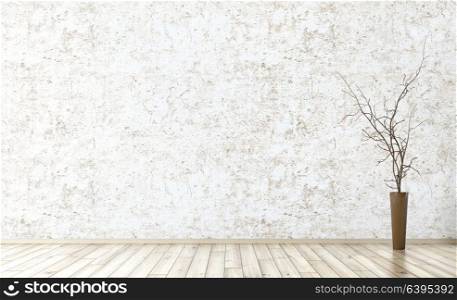Empty interior background, room with stucco wall and vase with branch on the wooden floor 3d rendering