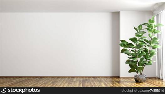 Empty interior background, room with white wall, vase with plant and window 3d rendering