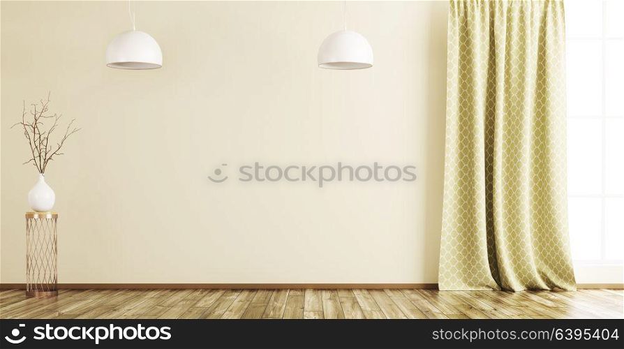 Empty interior background, room with window,curtain, vase with branch on the wooden floor and lamps 3d rendering