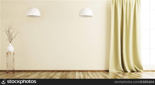 Empty interior background, room with window,curtain, vase with branch on the wooden floor and lamps 3d rendering