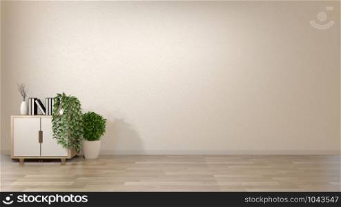 Empty interior background room zen style with decoration on cabinet woonden on floor wood japan style.3D rendering