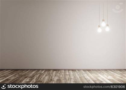 Empty interior background with lights bulbs, room with beige wall and wooden floor 3d rendering