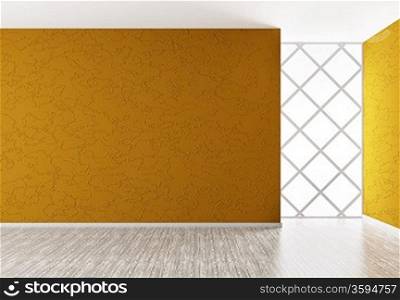 Empty interior background with orange wall and wooden floor 3d render