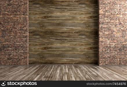 Empty interior grunge background, room with brick and wooden wall 3d rendering