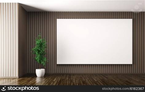 Empty interior of living room with big poster on the brown wall and plant 3d render