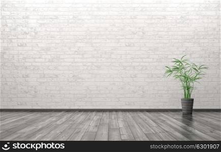 Empty interior of living room with plant over brick wall background 3d rendering