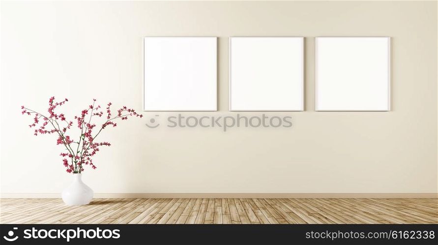 Empty interior of living room with three poster on wall and plant 3d render