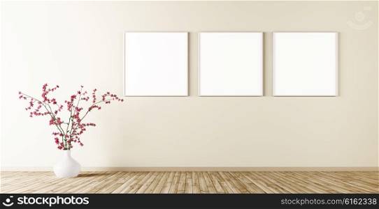 Empty interior of living room with three poster on wall and plant 3d render