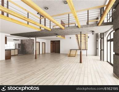 Empty interior of loft apartment living room hall kitchen staircase 3d rendering