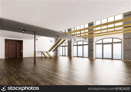 Empty interior of loft apartment living room hall staircase 3d rendering