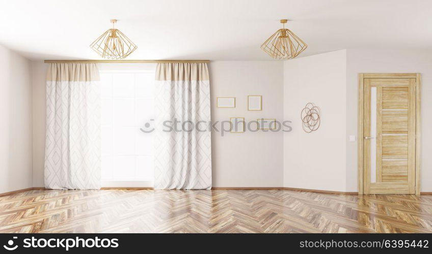 Empty interior, room with window,curtains, lamps and wooden door 3d rendering