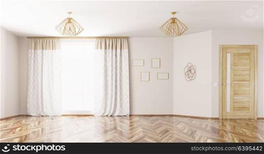 Empty interior, room with window,curtains, lamps and wooden door 3d rendering