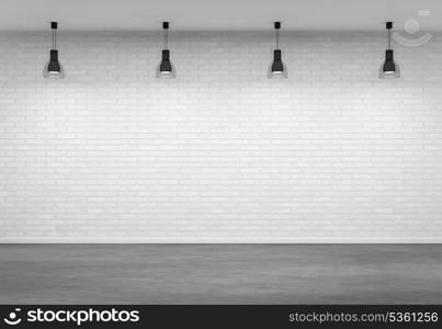 Empty interior with lamps over the brick wall and concrete floor