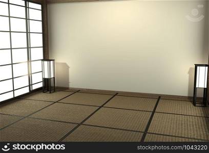 Empty Japanese living room interior minimal design with Tatami mat floor and Japanese Shoji door and decoration japan style 3D rendering