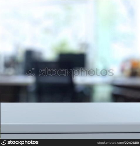 Empty laminate shelf and blurred background for business product presentation