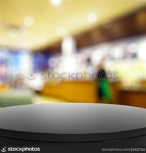 Empty laminate shelf and blurred background for product presentation