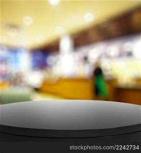 Empty laminate shelf and blurred background for product presentation