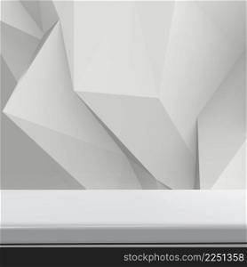 Empty laminate shelf on laminate table and low poly geometric background