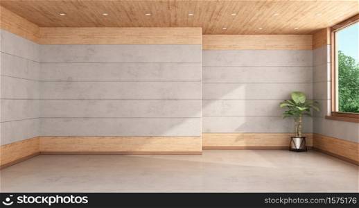 Empty large room with concrete and wooden paneling - 3d rendering. Empty room with concrete and wooden paneling