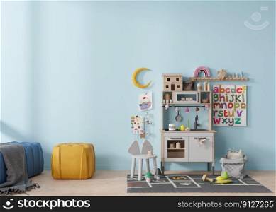 Empty light blue wall in modern child room. Mock up interior in scandinavian style. Copy space for your picture or poster. Cozy room for kids. 3D rendering. Empty light blue wall in modern child room. Mock up interior in scandinavian style. Copy space for your picture or poster. Cozy room for kids. 3D rendering.