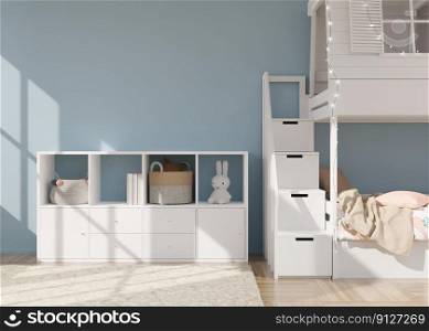 Empty light blue wall in modern child room. Mock up interior in scandinavian style. Copy space for your picture or poster. Bed, sideboard, toys. Cozy room for kids. 3D rendering. Empty light blue wall in modern child room. Mock up interior in scandinavian style. Copy space for your picture or poster. Bed, sideboard, toys. Cozy room for kids. 3D rendering.