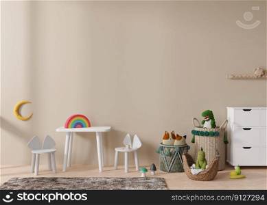Empty light brown wall in modern child room. Mock up interior in scandinavian style. Copy space for your picture or poster. Table with chairs, rattan basket, toys. Cozy room for kids. 3D rendering. Empty light brown wall in modern child room. Mock up interior in scandinavian style. Copy space for your picture or poster. Table with chairs, rattan basket, toys. Cozy room for kids. 3D rendering.