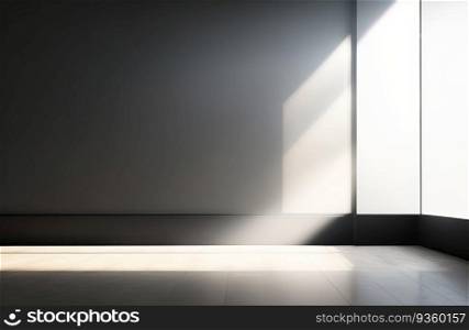 Empty light dark wall with beautiful chiaroscuro and wooden floor. Generative AI.