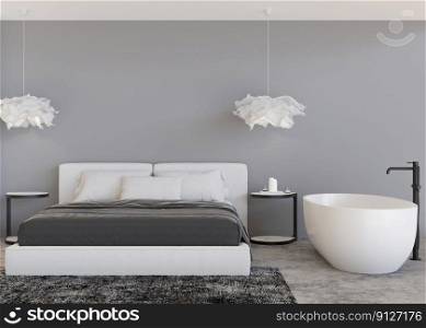 Empty light gray wall in modern bedroom. Mock up interior in contemporary style. Free, copy space for your picture, text, or another design. Bathtub in bedroom. 3D rendering. Empty light gray wall in modern bedroom. Mock up interior in contemporary style. Free, copy space for your picture, text, or another design. Bathtub in bedroom. 3D rendering.